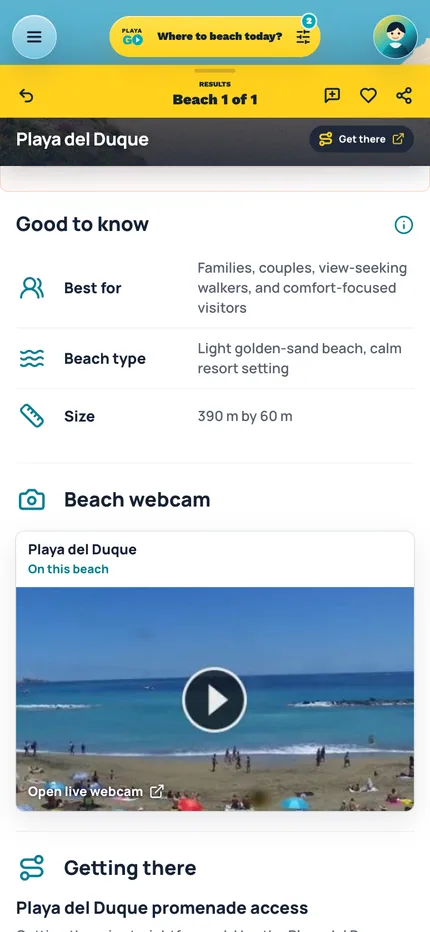 PlayaGo beach profile showing webcam context and source-backed beach checks.